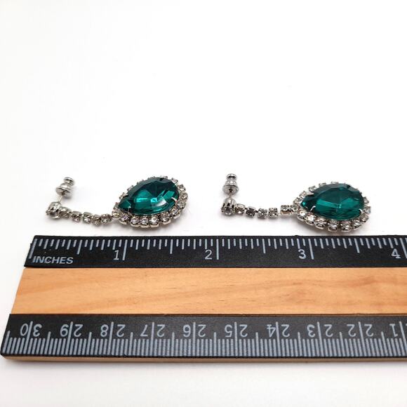 Vintage Green Rhinestone Drop Earrings, Clear Crystal, 1990s Statement Jewelry - Picture 7 of 10